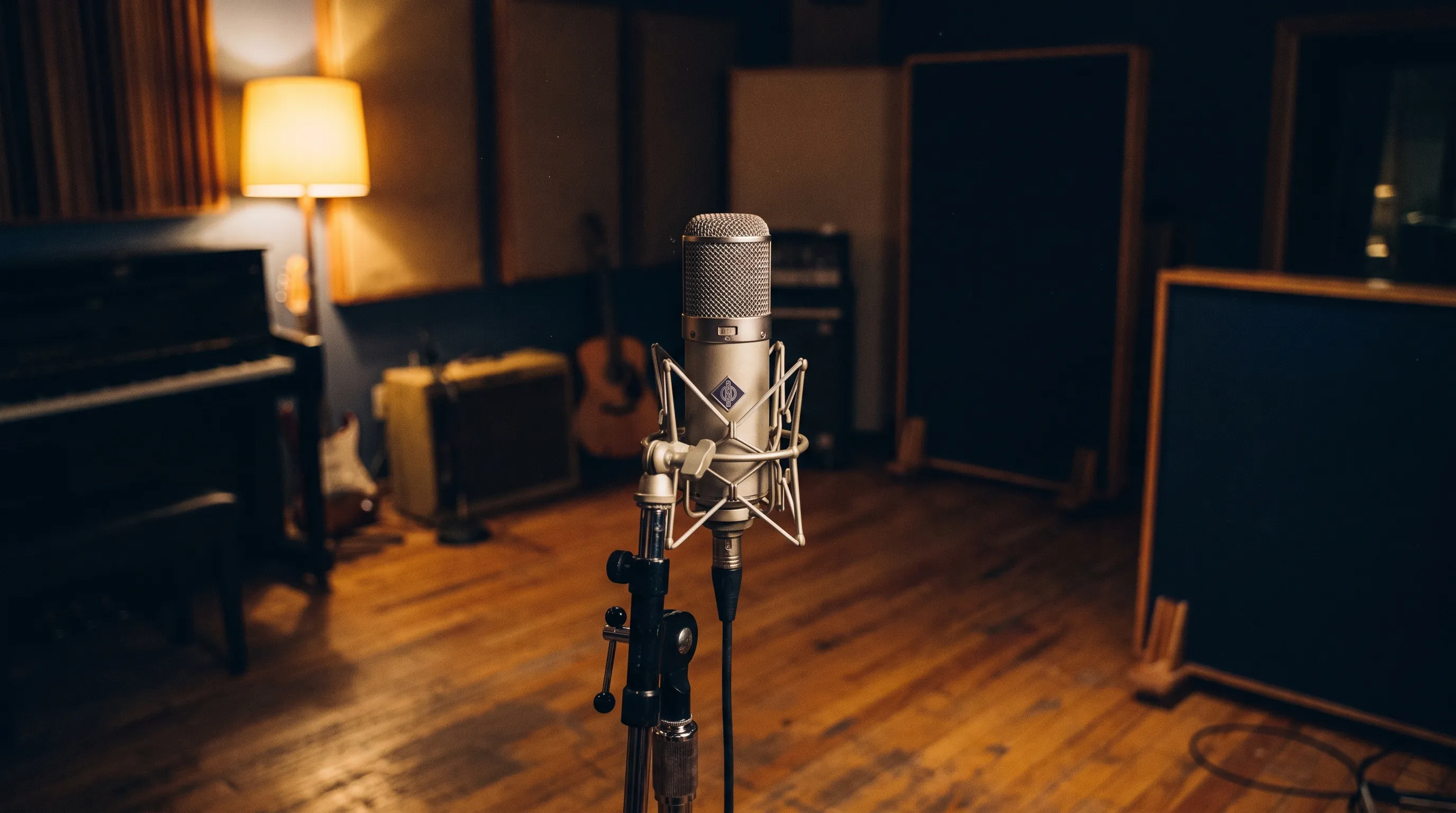 Recording studio with condenser microphone, warm lamp light, and instruments